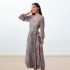 D262 Women Leopard print chiffon long puff sleeves wrap design pleated midi dress