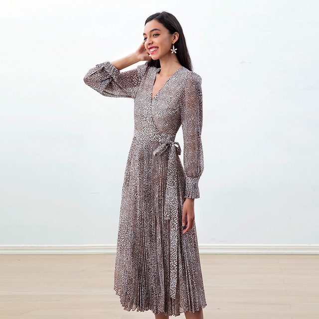 D262 Women Leopard print chiffon long puff sleeves wrap design pleated midi dress
