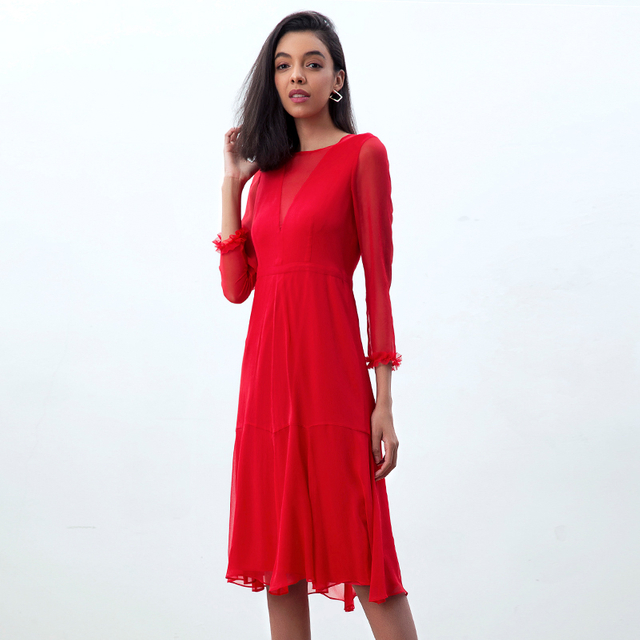 D270 Women Silk crinkle chiffon three-quarter sleeves flared midi party dress