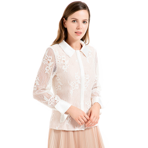 T001 Women floral lace collared long sleeves blouse