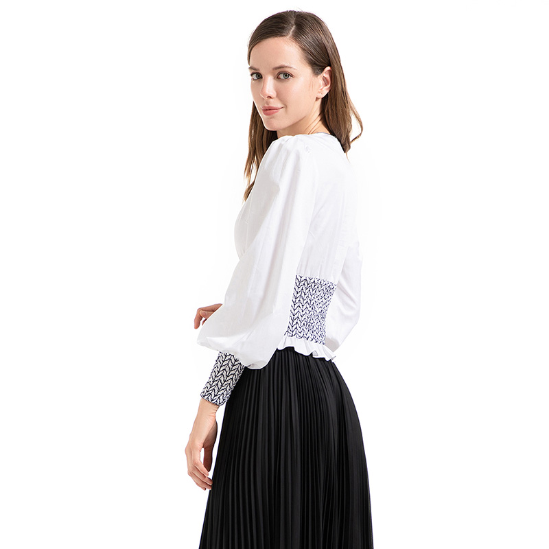 T032 Women Solid V-neck smocking details long puff sleeves blouse