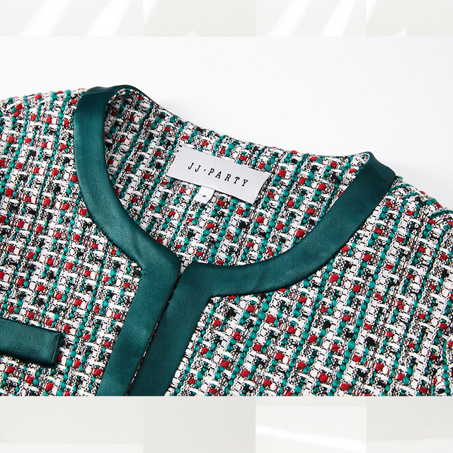 C152 Women Tweed plaid satin trimmed round neck short jacket