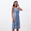 D227 Women sequinned lace spaghetti straps ruffled detail midi party dress