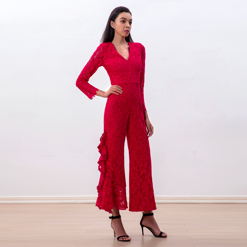 R220 Women All-over lace long sleeve ruffle details party jumpsuit 