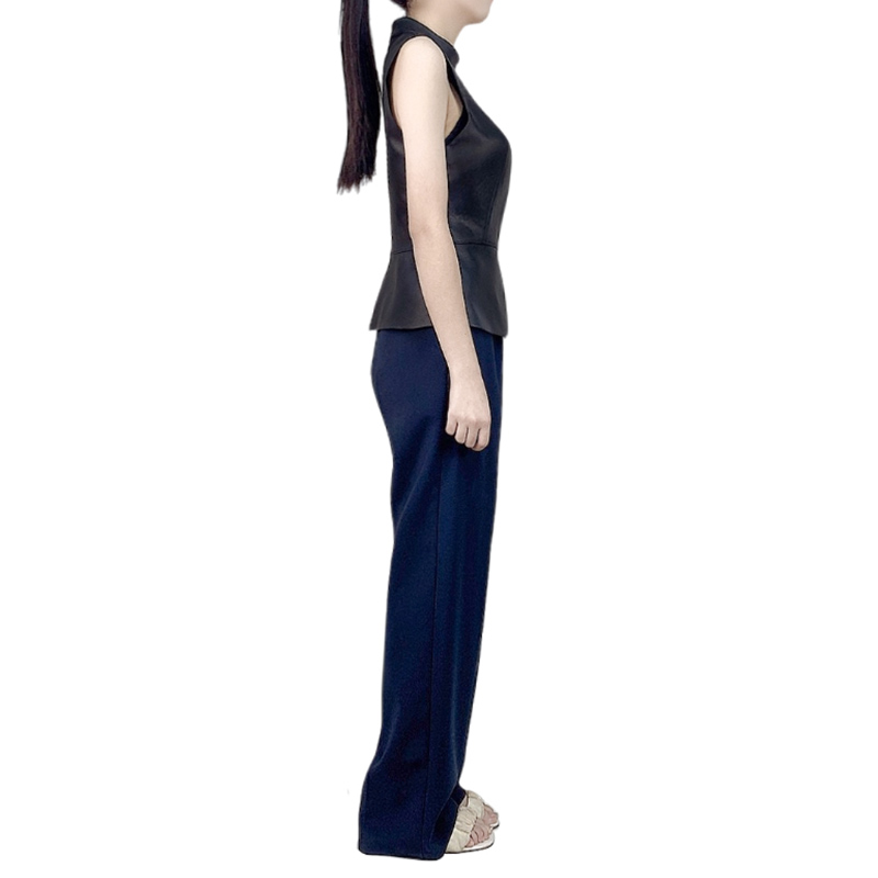 T241 Women faux leather stand collar peplum design sleeveless tops