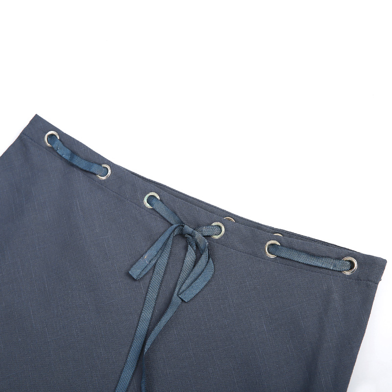 B452 Women Cotton chambray waist tie bias cut A-line casual short skirt