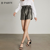 C295 Women Foil print elasticated waist belted mini shorts