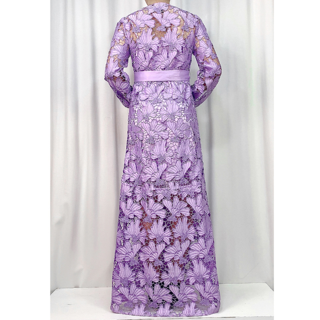 C165-3 Women Cut out embroidery long sleeves waist-tie evening maxi robe dress