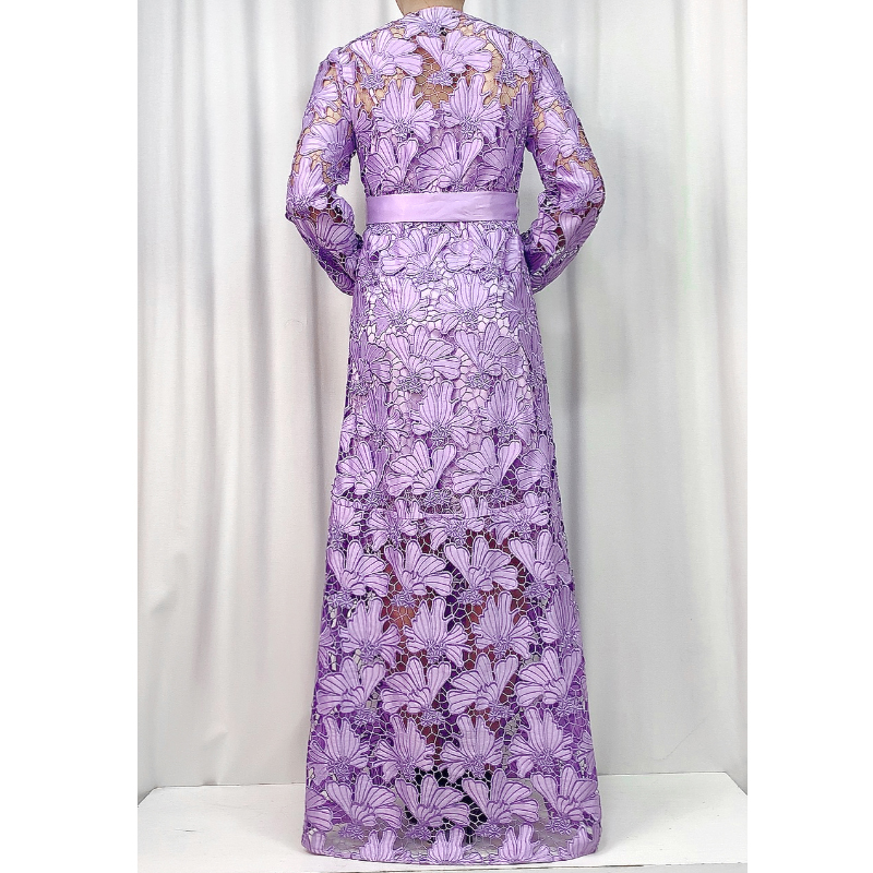 C165-3 Women Cut out embroidery long sleeves waist-tie evening maxi robe dress