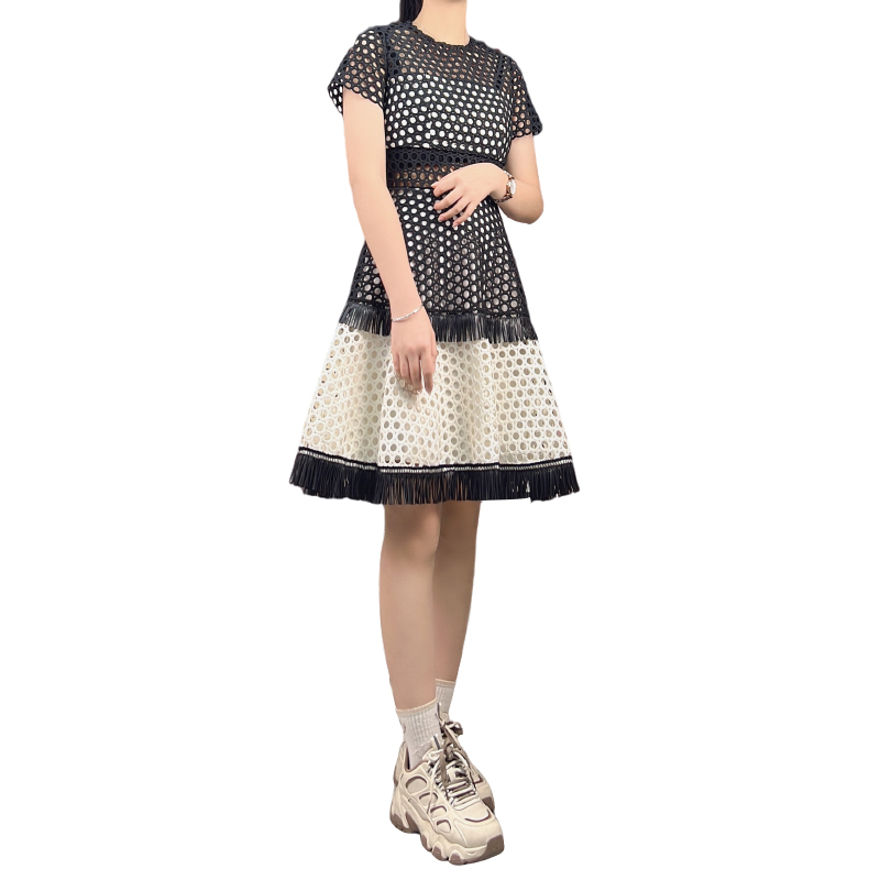 D415 Women Macramé lace short sleeves tiered design flared mini dress