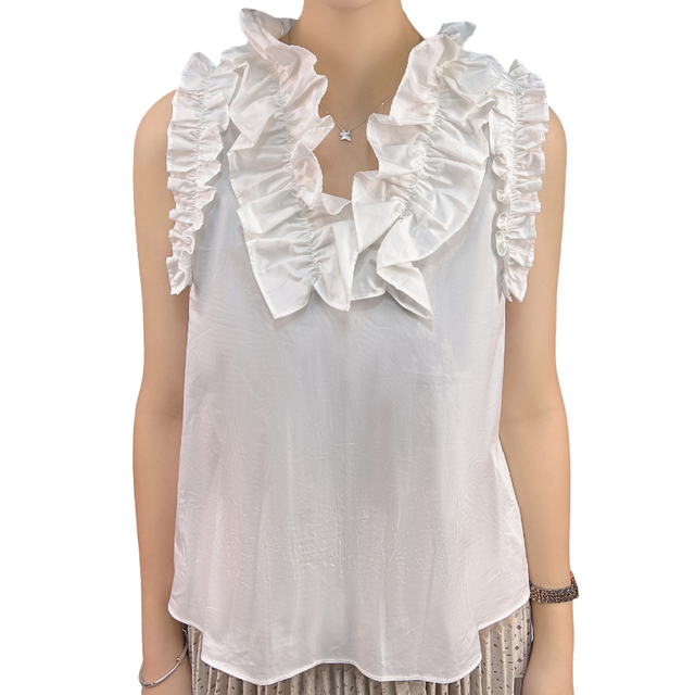 B563 Women Cotton V-neck ruched ruffle tank top