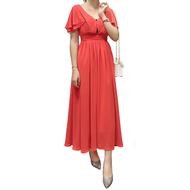 D416 Women Solid V-neck butterfly sleeves pintuck-detail flared midi dress