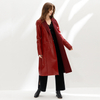 D158 Women Double-faced patent Pu hounds tooth tweed notched lapel belted single-breasted long coat