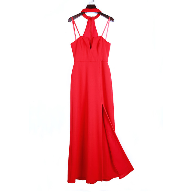 8N67 Women Solid strapless halter back maxi evening dress