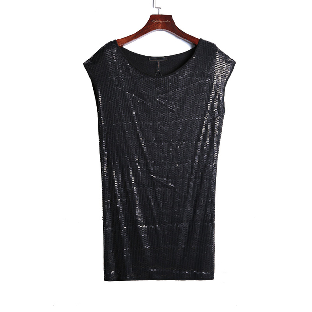 I720 Women Fully sequined jersey round neck sleeveless mini party dress