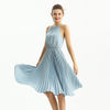D208 Solid Satin Halter Neck Pleated Midi Evening Dress
