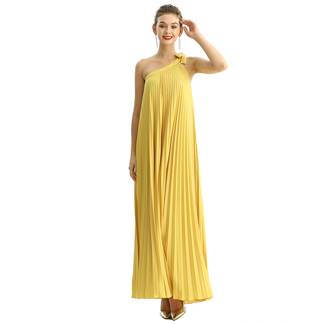 D204 Glazed Fabric Single Shoulder Sunburst Pleated Maxi Dress