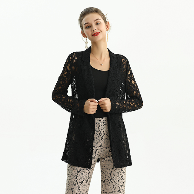 J214 Solid Floral Lace Double Breast Evening Blazer