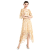 D078-6 Women 2 tone eyelash lace cape sleeve flared asymmetric hem midi evening dress