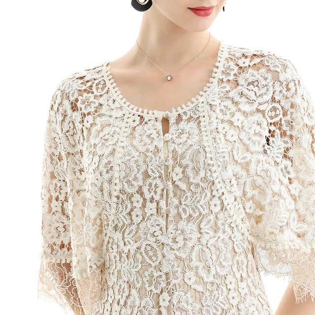 D078 Women floral lace cape sleeve flared asymmetric hem midi evening dress