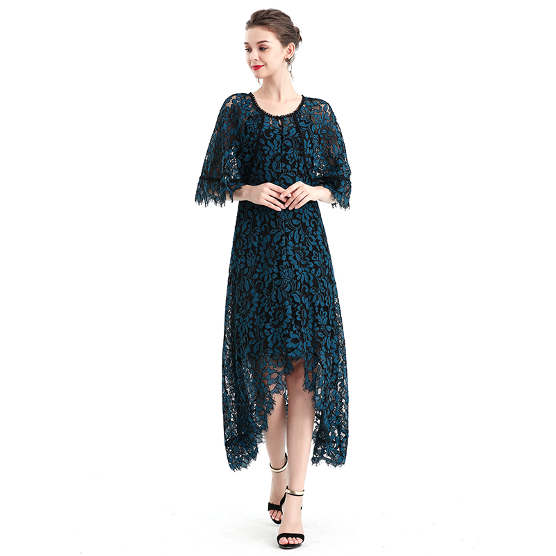 D078-3 Women floral lace cape sleeve flared asymmetric hem midi evening dress