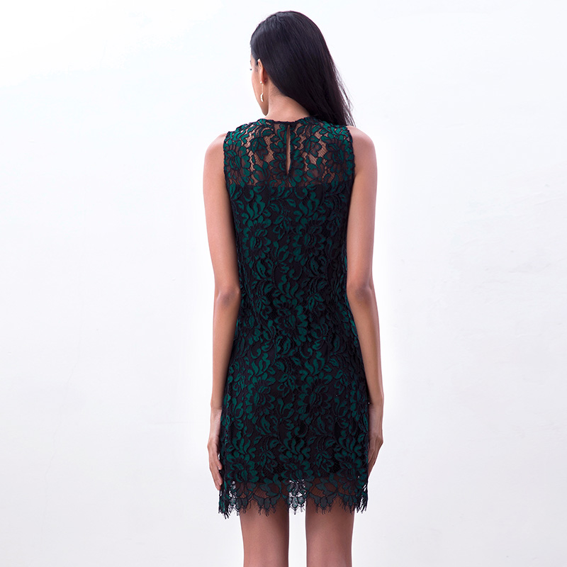 D097-4 Women floral leaf eyelash lace sleeveless fitted day and party mini dress