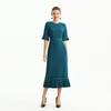 D095-1 Women Polyester crepe short sleeves ruffle detailed straight-cut midi dress