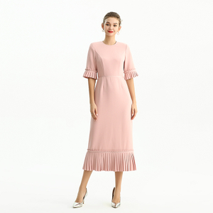 D095-1 Women Polyester crepe short sleeves ruffle detailed straight-cut midi dress