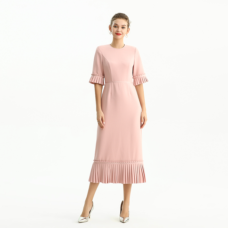 D095-1 Women Polyester crepe short sleeves ruffle detailed straight-cut midi dress