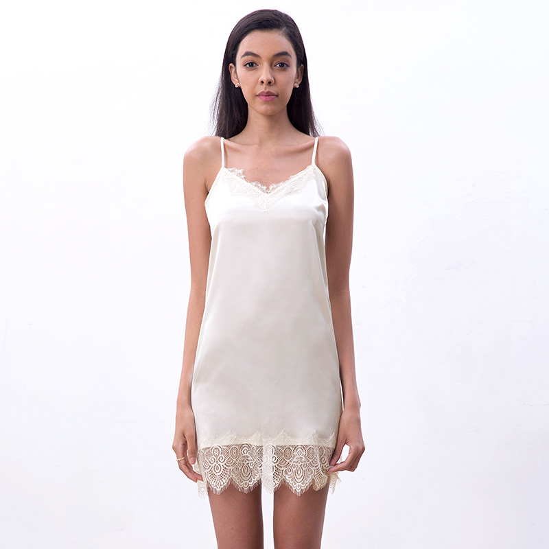 D100 Women Solid satin lace trimmed strappy mini slip dress