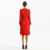 D099 Women Silk plissé chiffon long sleeves ruffle detailed straight cut midi party dress