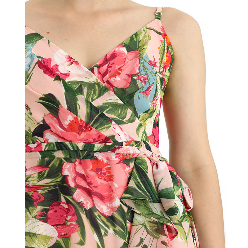 D113 Women floral Print chiffon spaghetti straps gathered detailing flared maxi party dress