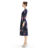D082 Women Floral print knit three-quarter sleeve mock wrap midi day dress