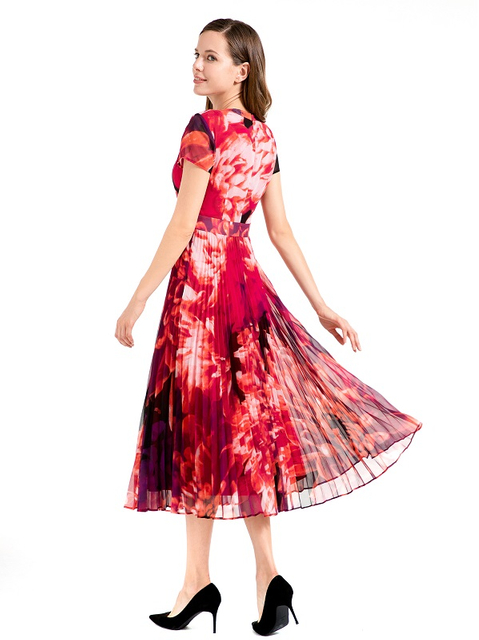 D114 Women flower print chiffon cap sleeves pleated midi day dress 