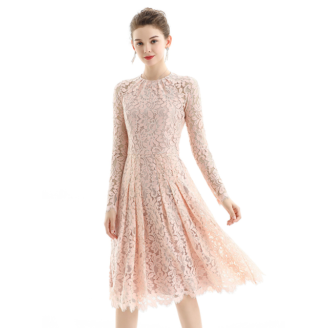 D080 Women floral scallop lace long sleeves flared pleated party midi dress