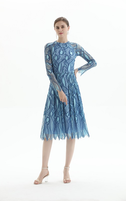 D080-1 Women fashion eyelash lace long sleeves flared pleated party midi dress