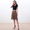 S254 Women faux suede perforated panel mesh combo sunburst pleated midi skirt