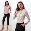 T268 Women Paisley print jacquard satin band collar neck tie puff sleeves blouse