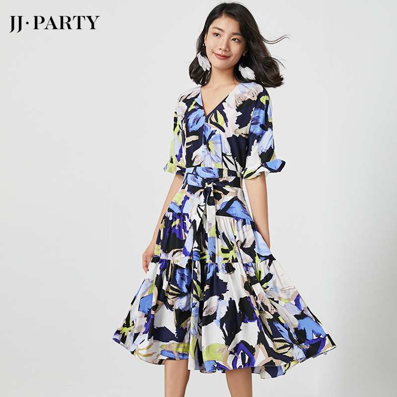 C109 Women Fashion floral print short sleeves tiered midi day dress