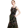 D001 Women All-over floral embroidered tulle bare shoulder grosgrain strap midi party dress