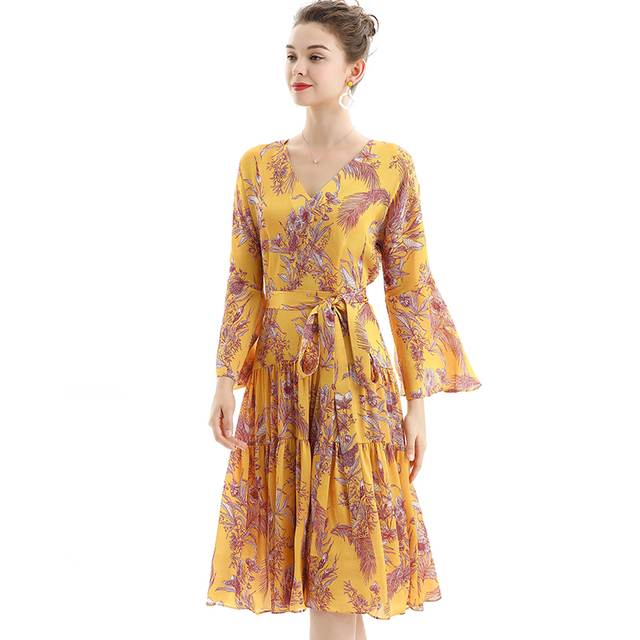 D057 Women Floral print three-quarter sleeves tiered design midi dress