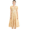 D062-8 Women 2-tone eyelet lace V neck cap sleeves flared midi evening dress