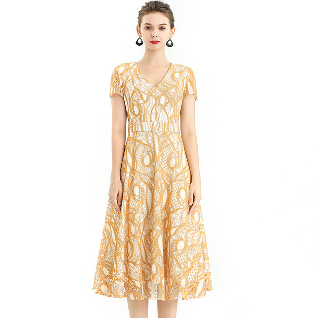 D062-8 Women 2-tone eyelet lace V neck cap sleeves flared midi evening dress