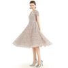D062-3 Women 2-tone flower lace V neck cap sleeves flared midi evening dress