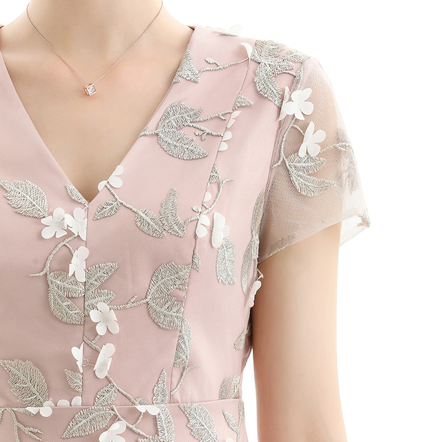 D063 Women 3D flower embroidered organza V neck cap sleeves flared midi evening dress