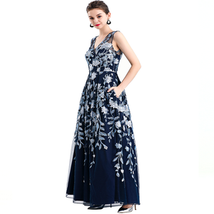 D055 Women All-over floral embroidered V neck sleeveless full circle flared maxi evening dress