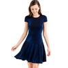 D025 Women Semi-sheer metallic knit round neck cap sleeves flared mini party dress