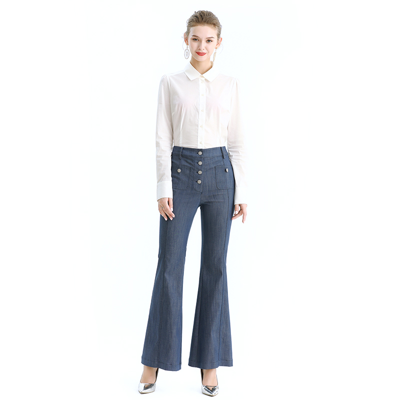 P177 Women Tencel polyester stretch denim button fly smart casual trousers