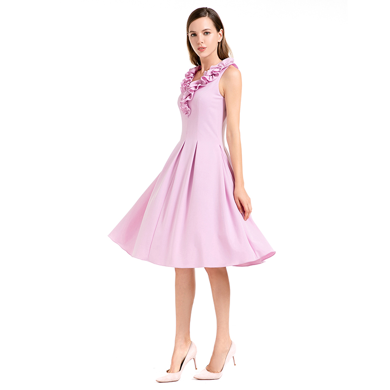 D004 Women Solid sleeveless ruched ruffle midi party dress