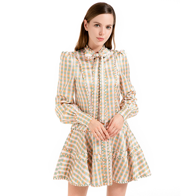 D011 Women Check print silk cotton long puff sleeves mini day dress